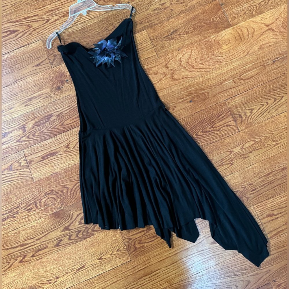 Ariella Black Strapless Asymmetrical Hem With Removable Flower Mini Dress